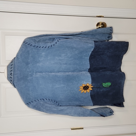 Quaker Factory blue leather embroidered sunflower jacket zipper size medium - Picture 8 of 14